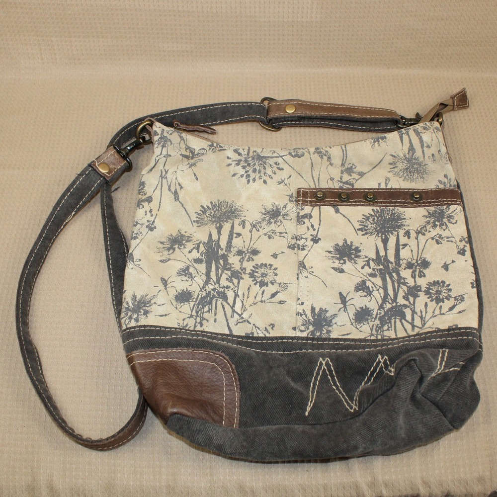 Myra Bag Upcycled Canvas & Denim Floral Crossbody Shoulder Bag Boho Western